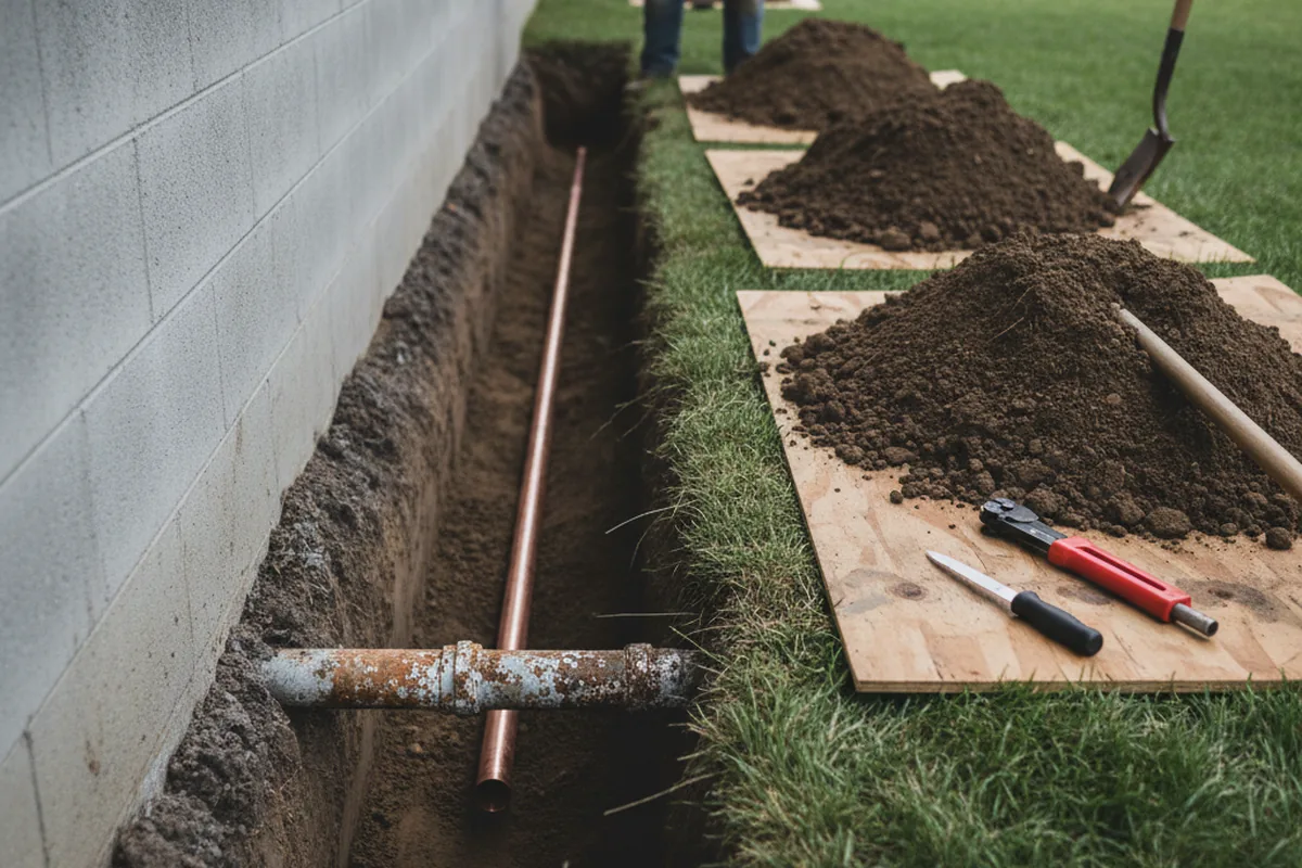 Excavated water line trench during Water Softener Installation in Owensville